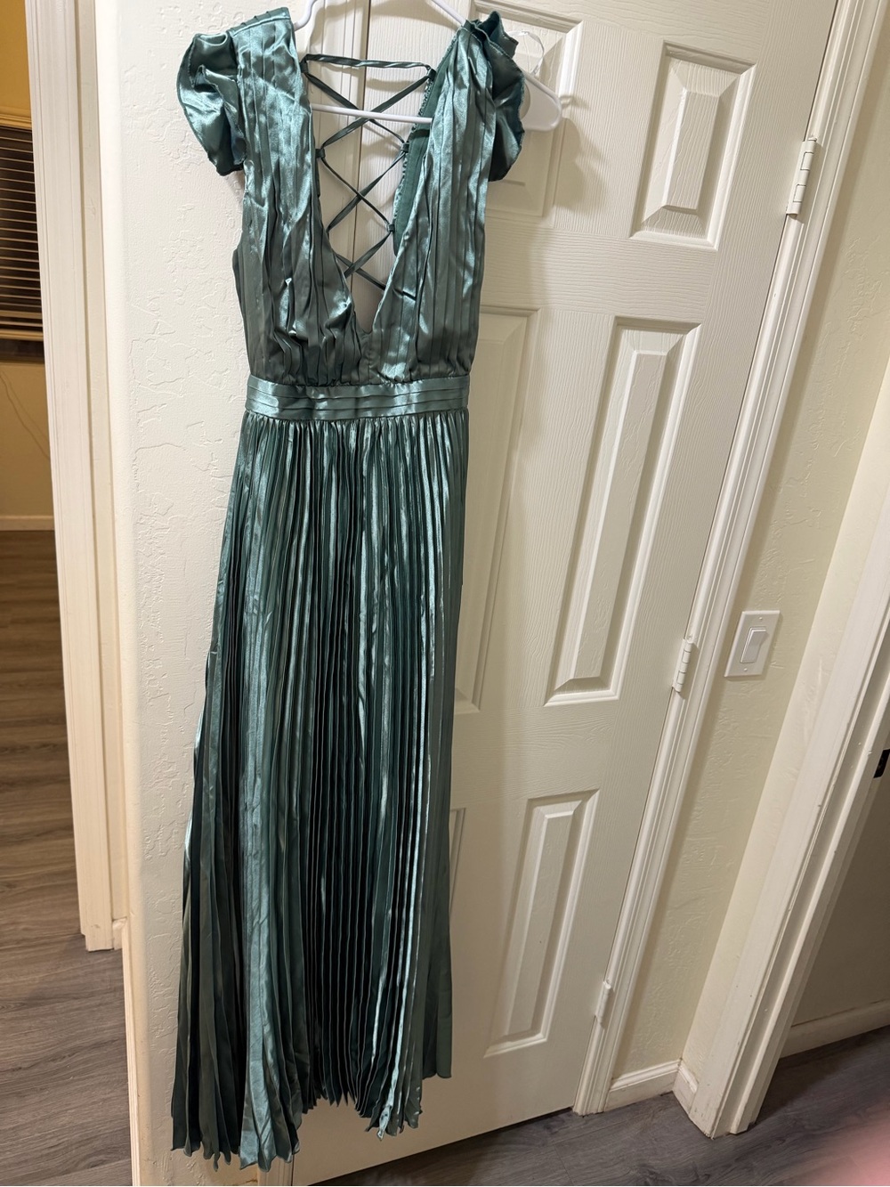 Lulu's Metallic Sage Green Pleated Lace-Up Maxi Dress